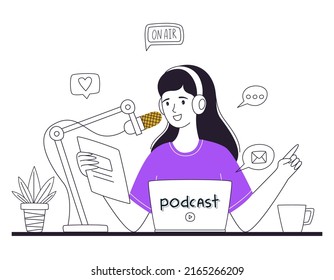 The girl reads the news, talking into the microphone, hosts a podcast or online show. A woman is recording a podcast. The concept of podcasting, blogging, radio broadcast. Outline vector illustration
