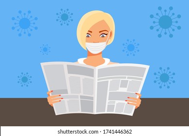 Girl reads a newspaper with news about the corona virus. Woman with protective mask on the face. Coronavirus epidemic concept. Blue background shape of virus. Flat style vector illustration