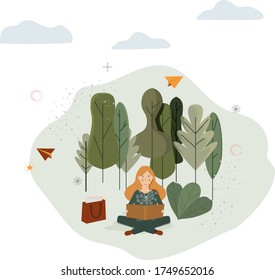 girl reads sitting forest vector