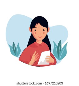 Girl reads text, vector concept flat design illustration