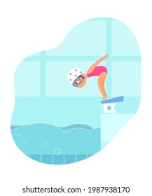 Girl ready to dive into water in swimming pool. Child jumping into blue waves vector illustration. Swimmer exercising in class. Little happy kid swimming in swimwear and glasses.