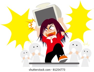 The girl ready to throw the computer