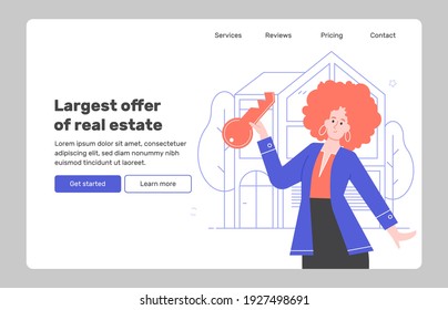 Girl realtor with a key on the background of the house. Property For Sale. Landing page concept template. Site with offers for the of real estate. Vector flat illustration.