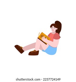 Girl rearning a book sitting on the floor. Young woman learning some educational books, notes. She loves read journal, magazines. Vector illustration with character in cartoon style