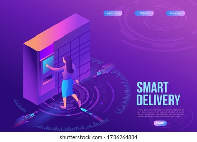 Girl receive parcel from packstation, post delivery concept, landing page template, ui design, 3d isometric vector illustration of postamat terminal, automated self service machine, purple background