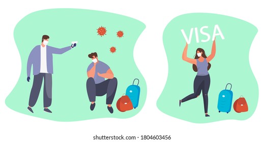 Girl Received Visa during Quarantine in Medical Masks.Checks Woman with Thermal Imager.Travel during Coronavirus COVID-19 Pandemic.After Quarantine Re-opening Airport.Flat Vector Illustartion