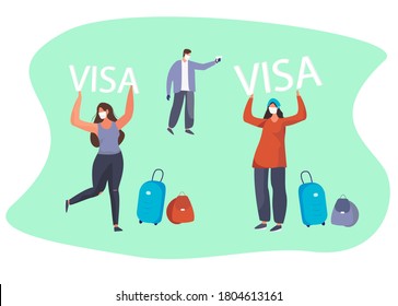 Girl Received Visa during Quarantine in Medical Masks.Checks Woman with Thermal Imager.Travel during Coronavirus COVID-19 Pandemic.After Quarantine Re-opening Airport.Flat Vector Illustartion