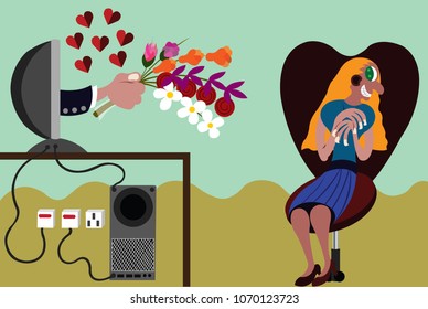 A girl receives a bouquet of flowers from a guy through an online dating site