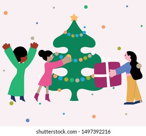 Girl receives a Christmas present. Different race women.