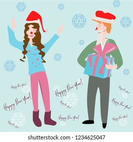 The girl receives the congratulations from the boy with the new year, greetings with the new year, the snow falls