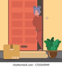 Girl receives safe contactless delivery to home near the door to prevent the spread of the coronavirus. Vector illustration.