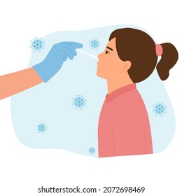 Girl receiving a covid19 coronavirus or DNA testing by medical staff, doctor or nurse.PCR test, influenza check, nasal swab laboratory test diagnosis of influenza.  Flat Vector Illustration.