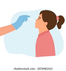 Girl Receiving A Covid19 Coronavirus Or DNA Testing By Medical Staff, Doctor Or Nurse.PCR Test, Influenza Check, Nasal Swab Laboratory Test Diagnosis Of Influenza.  Flat Vector Illustration.