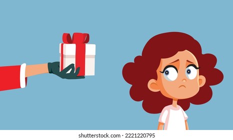 
Girl Receiving a Disappointing Gift from Santa Claus Vector Illustration. Unhappy child reacting to a bad present from Santa
