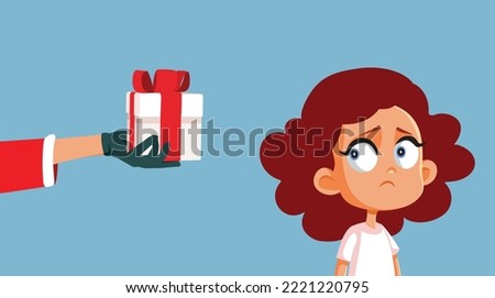 
Girl Receiving a Disappointing Gift from Santa Claus Vector Illustration. Unhappy child reacting to a bad present from Santa
