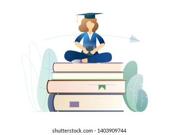 Girl receiving education flat vector illustration. Female student sitting on books. Bachelor, graduate reading from smartphone, ereader. Traditional, modern sources of knowledge, information metaphor.