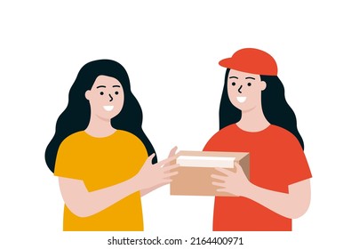 Girl receiving parcel box from Delivery woman. Courier in uniform hands giving package box to client. Online shopping, shipping service concept. Flat cartoon people Vector design illustration.