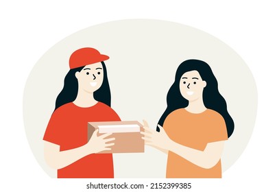 Girl receiving parcel post box from Delivery woman. Courier hands giving packages box to client. Online global shopping, express service, shipping concept. Flat cartoon people Vector illustration.