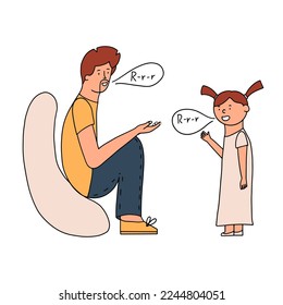 The girl at the reception at the speech therapist. Correct pronunciation lesson. Vector illustration in doodle style