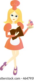 Girl with a recipe book and cake