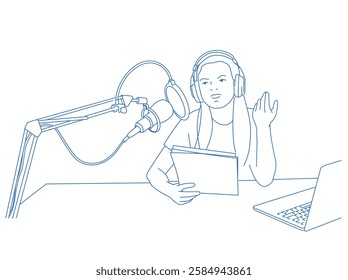a girl record with the script in her hands in a recording studio