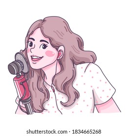 Girl is recording ASMR in studio character design of vector. Cartoon illustration style.