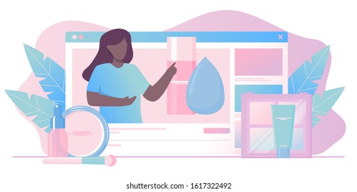 Girl recording cosmetics production review, streaming live, video content creation. Beauty fashion blogger, online beauty consultant blog, makeup and skincare tips. Vector flat concept illustration. 