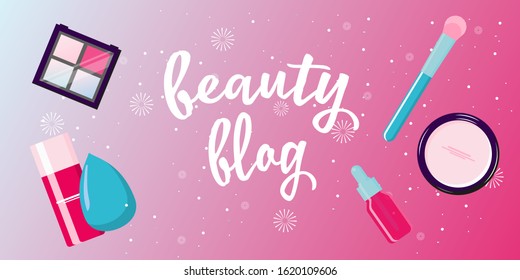 Girl recording cosmetics production review, streaming live, video content creation. Beauty fashion blogger, online beauty consultant blog, makeup and skincare tips. Vector flat concept illustration. 