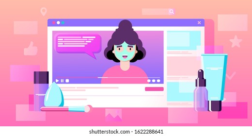 Girl recording cosmetics production review, streaming live, video content creation. Beauty fashion blogger, online beauty consultant blog, makeup and skincare tips. Vector flat concept illustration. 