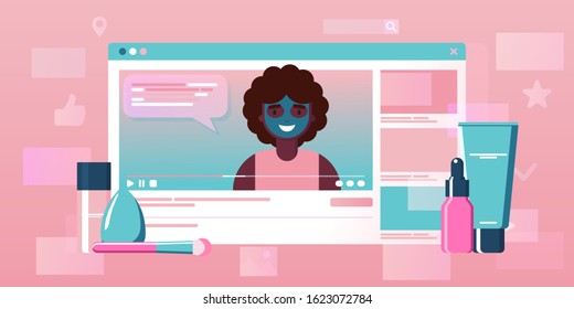 Girl recording cosmetics production review, streaming live, video content creation. Beauty fashion blogger, online beauty consultant blog, makeup and skincare tips. Vector flat concept illustration. 