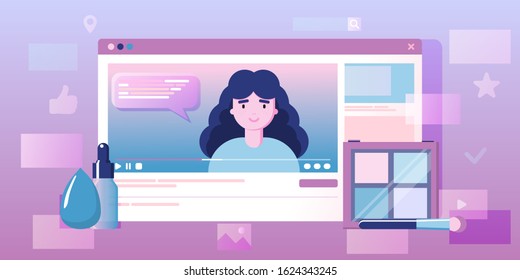 Girl recording cosmetics production review, streaming live, video content creation. Beauty fashion blogger, online beauty consultant blog, makeup and skincare tips. Vector flat concept illustration. 