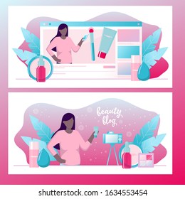 Girl recording cosmetics production review, streaming live, video content creation. Beauty fashion blogger, online beauty consultant blog, makeup and skincare tips. Vector flat concept illustration. 