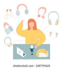 Girl recording podcast vector illustration, making audio file, with cat and headphones around for magazine article, poster or other illustration
