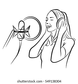 The girl in the recording studio. Linear vector drawing.