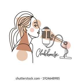 Girl recording voice in a recording studio. Leading news radio. Clubhouse Podcast Presenter with mike. Vector illustration in linear abstract style