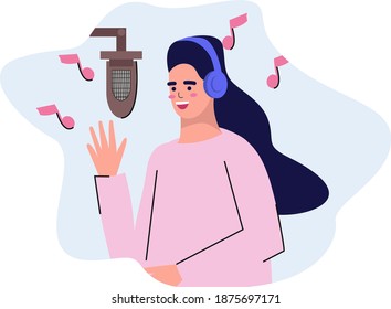 A girl records a song in a recording studio. Flat vector illustration