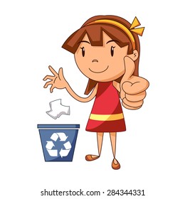 Girl recycling paper, vector illustration