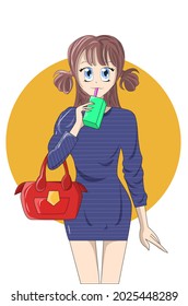 A girl with red bag and blue mini dress