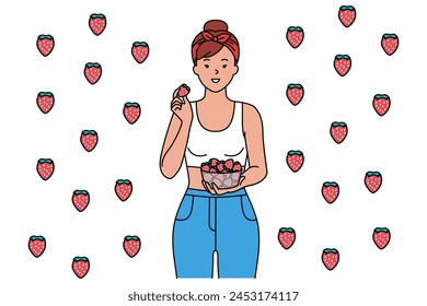 Una chica con un pañuelo rojo, camiseta y jeans con un tazón de fresas en las manos. La mujer está rodeada de sabrosas y jugosas bayas. Ilustración vectorial aislada sobre fondo blanco. Estilo de fijación 