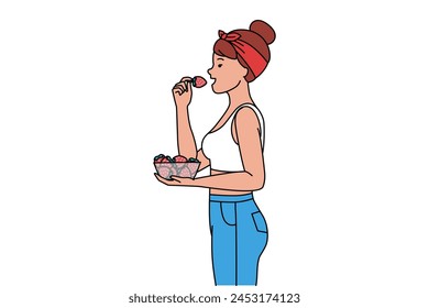 Una chica con un pañuelo rojo, camiseta y jeans sostiene un tazón de fresas. Baya sabrosa y jugosa. Ilustración vectorial aislada sobre fondo blanco. Imagen de estilo Pin-up