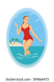 the girl in a red bathing suit leaves the sea