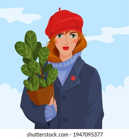 A girl in a red beret and coat holds a pot of ficus in her hands. sunny spring day. Cartoon style