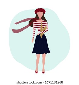 A girl in a red beret and a striped jumper with a baguette in her hands. A french character. Vector illustration