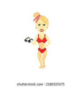 A girl in red bikini isolated on white background. Pixel art design. 8 bit logo for game. Character vector illustration. eps 10
