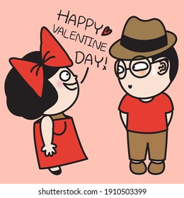 Girl With Red Bow Tie On Head In Present Bag Saying Happy Valentine Day To Her Surprised Boyfriend Concept Card Character illustration