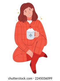 A girl in red checkered pajamas is drinking cocoa.Simple Hand drawn illustration.Christmas mood.