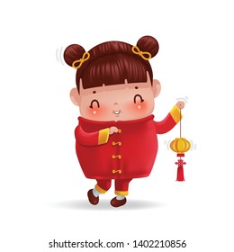 Girl in red cheongsam dress. Chinese children personality. Hold a lovely paper lantern. Decorative items during the festival of Chinese culture. Cute traditional costume style.