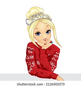 Girl in red Christmas sweater with shiny tiara on her head