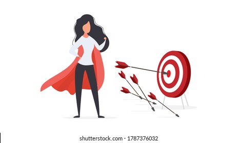 The girl with the red cloak hits the target. Big target. An arrow hitting the center of the target. Superhero woman. Isolated. Vector.