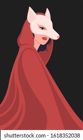 Girl in a red cloak with a hood in a mask of a wolf or a fox on a masquerade holiday. Flat vector illustration.